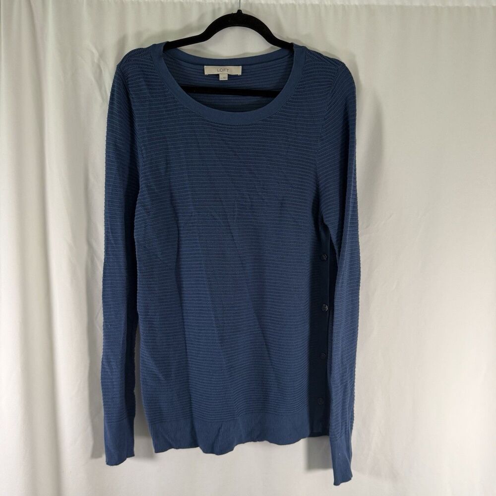 LOFT Knit Blouse Women's Large Blue Long Sleeve Round Neck Pullover Buttons